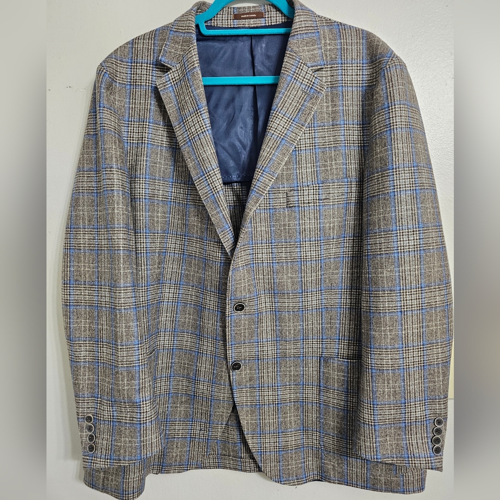 Peter Millar Mens Size 48R Brown/Gray Plaid Blue Windowpayne Sport Blazer Jacket